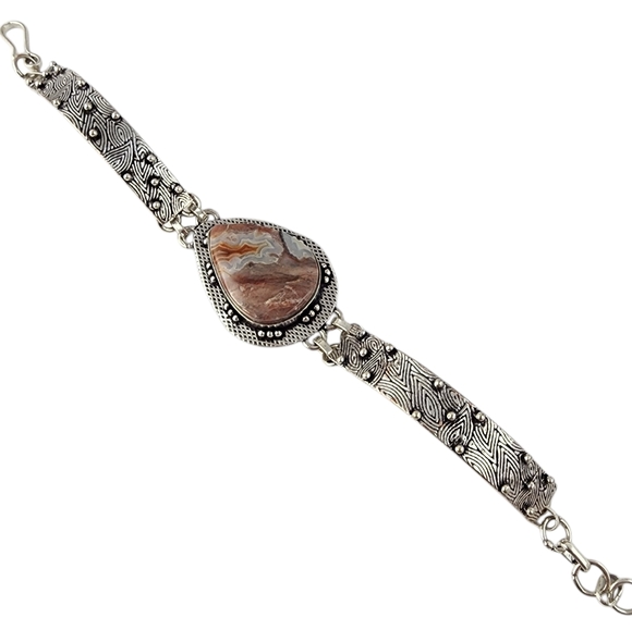 Agate gemstone bracelet silver chunky statement artisan crazy lace agate J30 - Picture 6 of 15